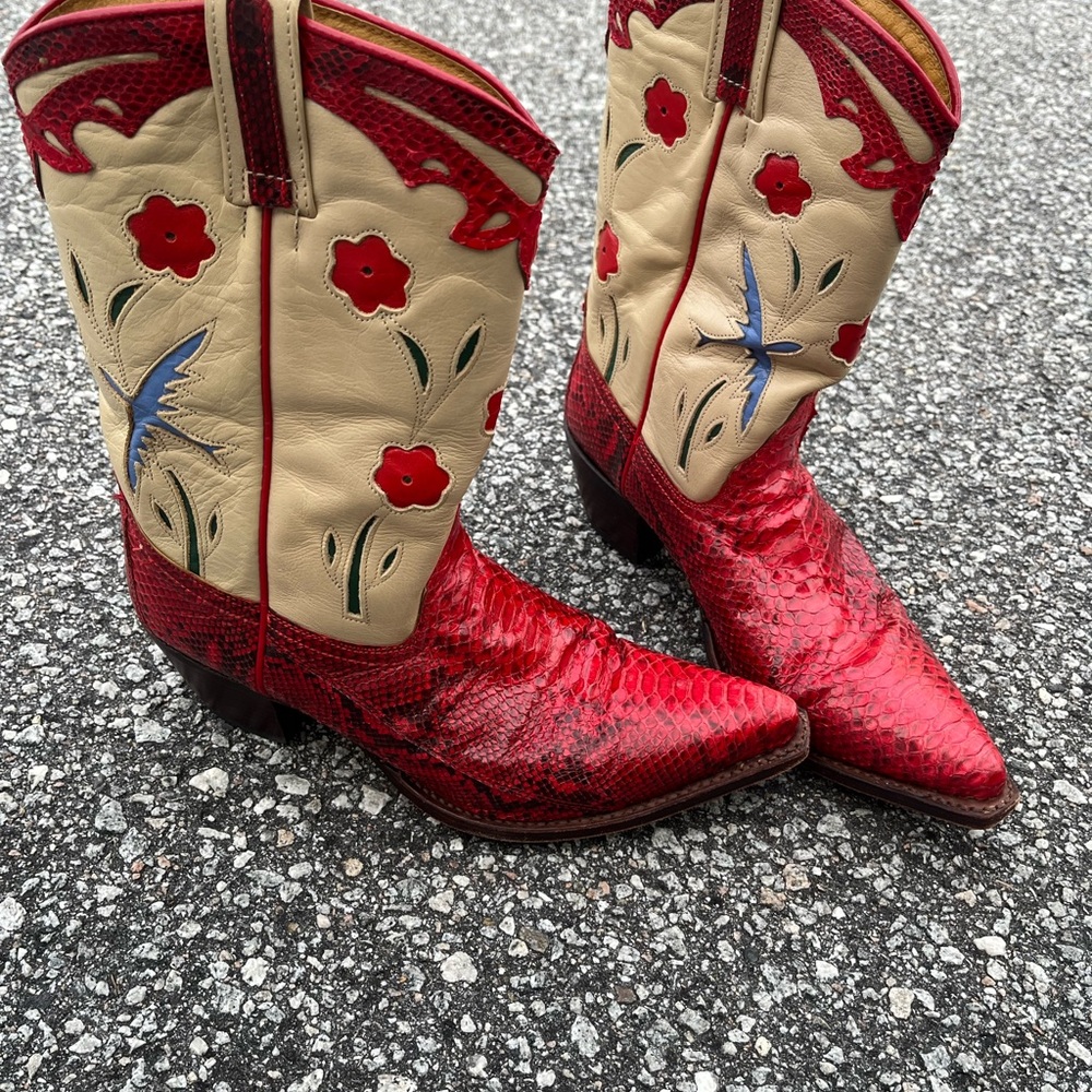 Sendra Red and Cream Floral Heeled Boots